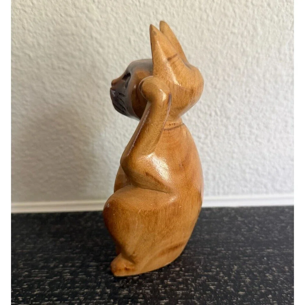 Vintage Wood Lucky Cat Figurine Hand Carved Maneki Neko Style 6” Philippines